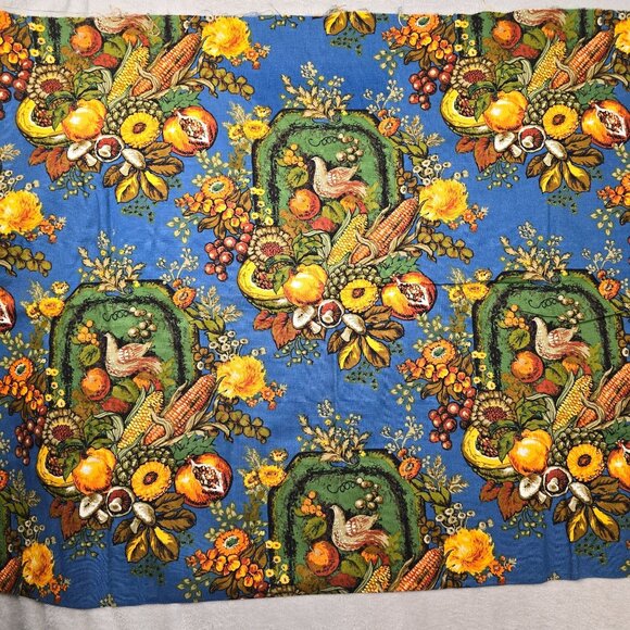 Vintage Fabric Fall Harvest Cornucopia Woodco 53" x 70" Blue Orange Floral Patte - Picture 1 of 10